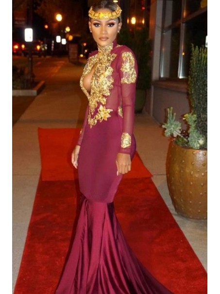 Mermaid High Neck Long Sleeves Prom Evening Dresses with Gold Appliques 99602572