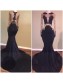 Mermaid Long Black High Neck Prom Evening Dresses with Gold Lace Appliques 99602573
