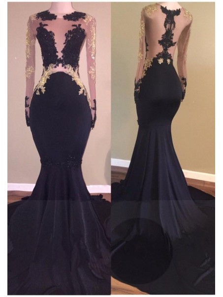 Mermaid Long Black High Neck Prom Evening Dresses with Gold Lace Appliques 99602573