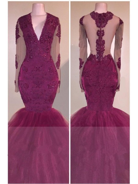 Mermaid Long Sleeves V-Neck Long Prom Evening Dresses 99602574