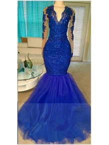 Long Blue V-Neck Mermaid Lace Prom Evening Dresses 99602576