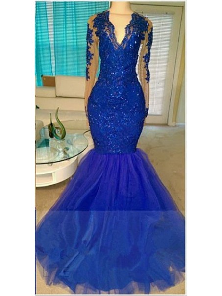 Long Blue V-Neck Mermaid Lace Prom Evening Dresses 99602576 Long Blue V-Neck Mermaid Lace Prom Evening Dresses 99602576