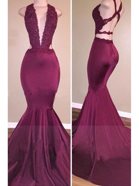 Sexy Deep-V-Neck Cross-Back Mermaid Long Prom Evening Dresses 99602577