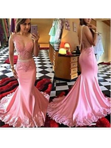 Sexy Mermaid Long Pink Lace Prom Evening Dresses 99602578