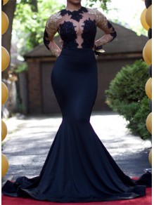 Sexy Mermaid Long Sleeves Prom Evening Dresses with Gold Lace Appliques 99602587