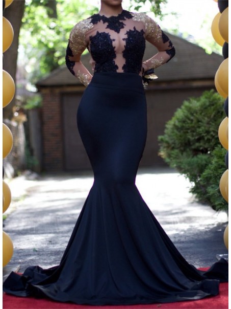 Sexy Mermaid Long Sleeves Prom Evening Dresses with Gold Lace Appliques 99602587