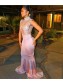 Mermaid High Neck Long Prom Evening Dresses with Lace Appliques 99602589
