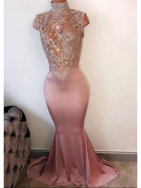 Mermaid High Neck Long Prom Evening Dresses with Lace Appliques 99602589