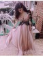 Sexy Long Sleeves V-Neck Prom Evening Dresses with Black Lace Appliques 99602595