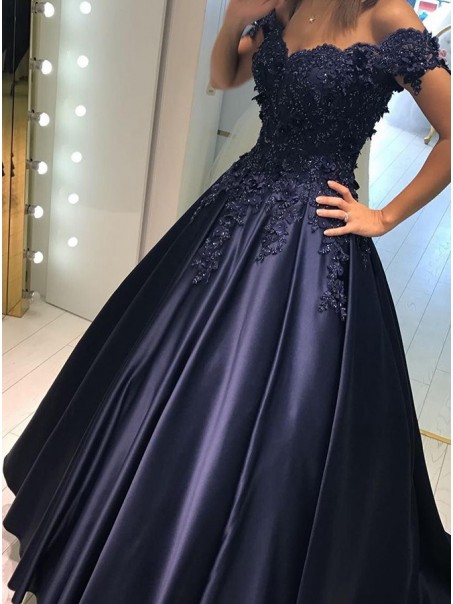 Elegant Long Blue Off-the-Shoulder Beaded Lace Prom Evening Dresses 99602600
