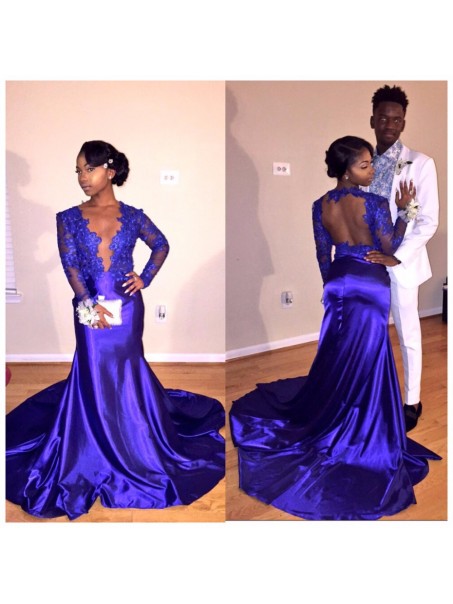 Sexy Long Blue Lace Mermaid Prom Evening Party Dresses 99602601