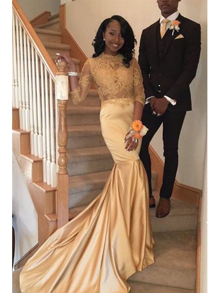 Mermaid Gold Lace Long Prom Evening Dresses 99602602