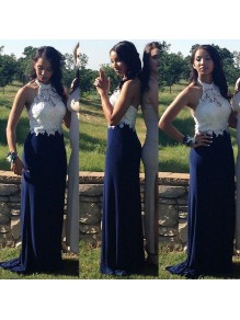 Elegant Halter Long Blue White Lace Prom Evening Dresses 99602604