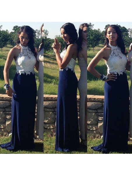 Elegant Halter Long Blue White Lace Prom Evening Dresses 99602604