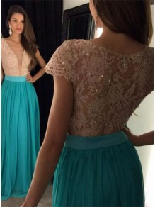 Cap Sleeves Lace Chiffon Long Prom Evening Dresses 99602605