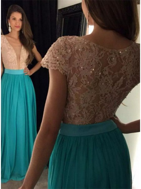Cap Sleeves Lace Chiffon Long Prom Evening Dresses 99602605
