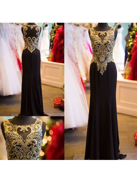 Long Black Beaded Prom Evening Formal Dresses with Gold Lace Appliques 99602607