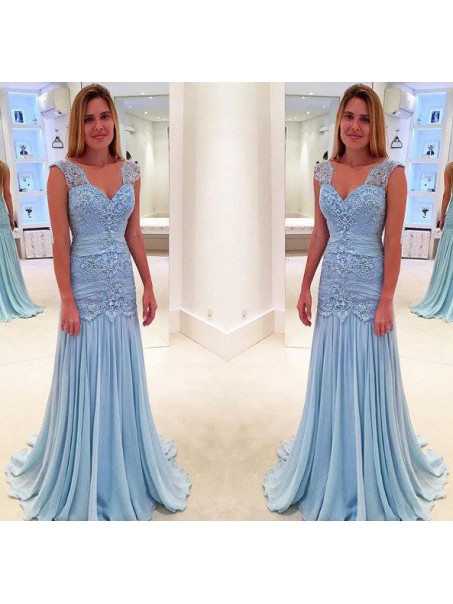 Long Blue V-Neck Lace Prom Evening Dresses 99602609