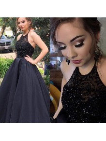 Long Black Beaded Halter Prom Evening Party Dresses 99602610