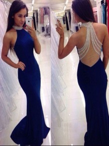 Long Blue Beaded Mermaid Prom Evening Party Dresses 99602611
