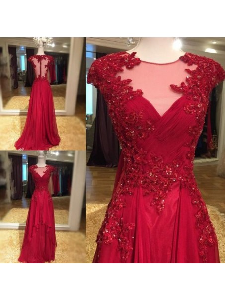 Long Red Beaded Lace Appliques Prom Evening Party Dresses 99602619