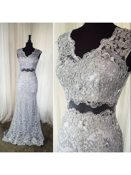 Two Pieces V-Neck Lace Long Prom Evening Party Dresses 99602620