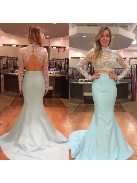 Long Sleeves Two Pieces Mermaid Beaded Lace Prom Evening Party Dresses 99602621