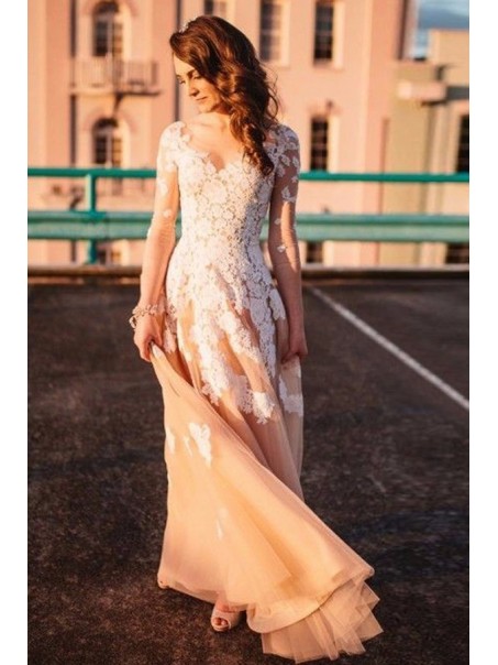 Long Sleeves V-Neck Lace Appliques Prom Evening Party Dresses 99602624 Long Sleeves V-Neck Lace Appliques Prom Evening Party Dresses 99602624