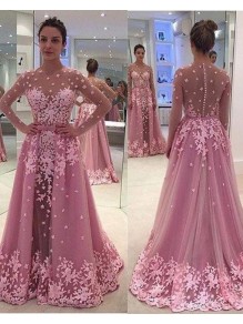 Long Sleeves Pink Lace Appliques Prom Evening Party Dresses 99602629 Long Sleeves Pink Lace Appliques Prom Evening Party Dresses 99602629