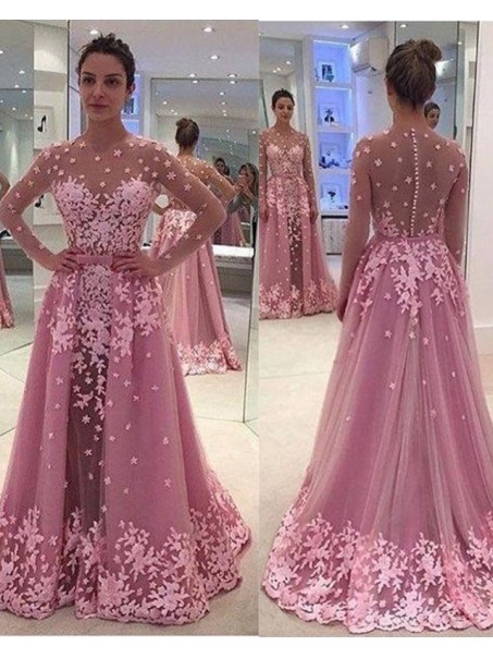 Long Sleeves Pink Lace Appliques Prom Evening Party Dresses 99602629