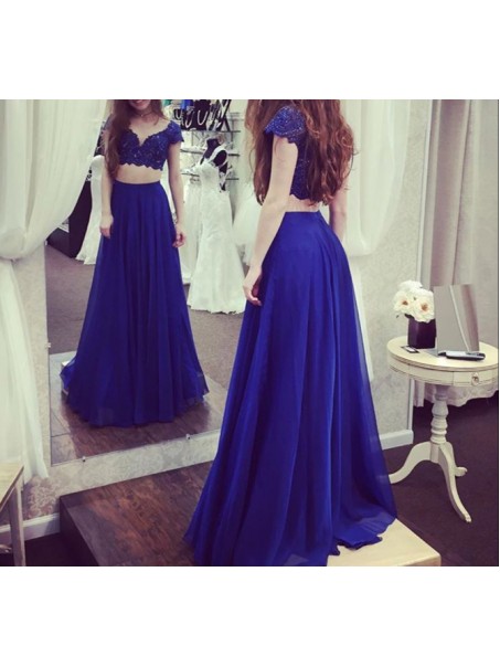 Long Blue Two Pieces Lace Chiffon Prom Evening Party Dresses 99602635