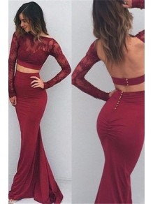 Long Sleeves Two Pieces Burgundy Prom Evening Party Dresses 99602636 Long Sleeves Two Pieces Burgundy Prom Evening Party Dresses 99602636