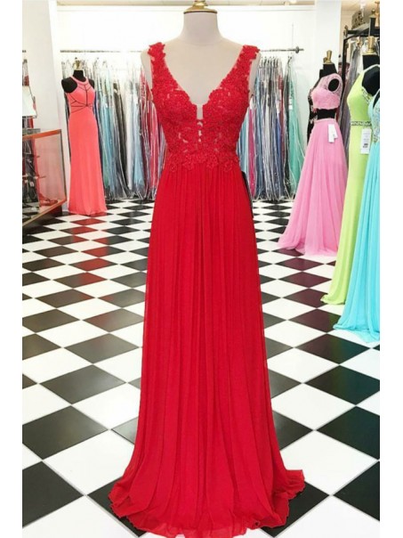 Long Red V-Neck Chiffon Lace Appliques Prom Evening Party Dresses 99602642 Long Red V-Neck Chiffon Lace Appliques Prom Evening Party Dresses 99602642