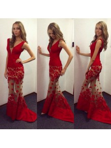 Sexy Mermaid Long Red V-Neck Lace Prom Evening Party Dresses 99602643