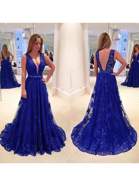 A-Line V-Neck Beaded Long Blue Lace Prom Evening Party Dresses 99602644