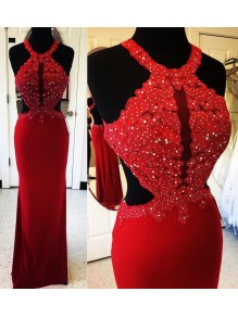 Long Red Beaded Lace Appliques Prom Evening Party Dresses 99602651