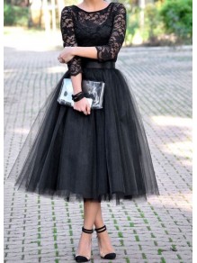 Black Lace Tea Length Prom Evening Party Dresses 99602659