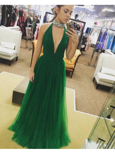 Long Green Beaded Deep V-Neck Prom Evening Party Dresses 99602660
