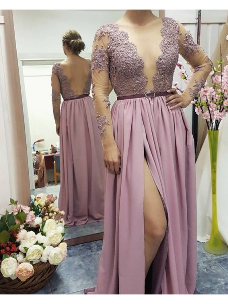 Long Sleeves Beaded Lace Prom Evening Party Dresses 99602664