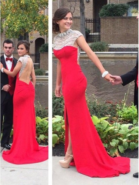 Long Red Beaded Prom Evening Party Dresses 99602667