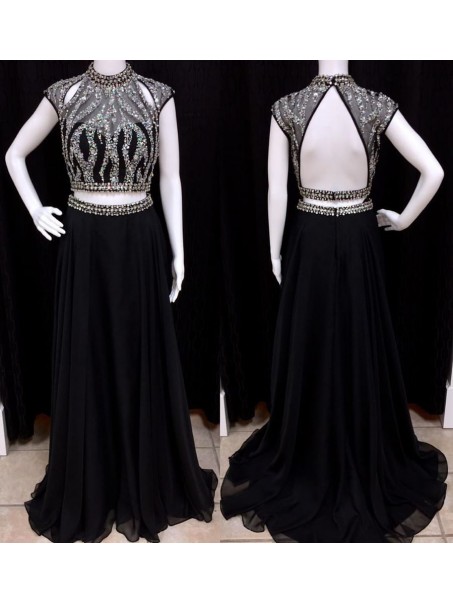 Long Black Two Pieces Beaded Chiffon Prom Evening Party Dresses 99602683