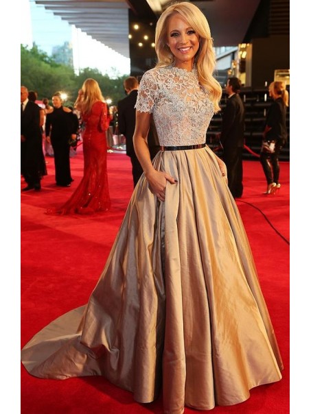 Elegant Short Sleeves Lace Ball Gown Long Prom Evening Party Dresses 99602705