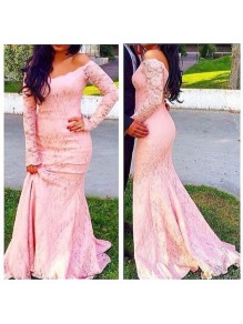Mermaid Long Sleeves Pink Off-the-Shoulder Lace Prom Evening Party Dresses 99602716 Mermaid Long Sleeves Pink Off-the-Shoulder Lace Prom Evening Party Dresses 99602716