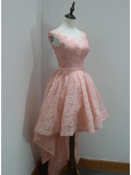 High Low Short Pink Beaded Lace Prom Homecoming Graduation Party Dresses 99602719