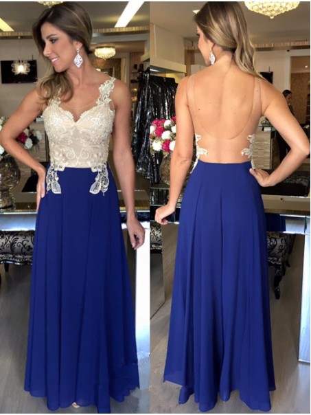 Long Blue White Lace Chiffon Prom Evening Party Dresses 99602722