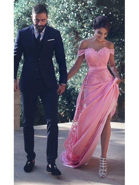 Charming Off-the-Shoulder Long Pink Lace Prom Evening Formal Dresses 99602726