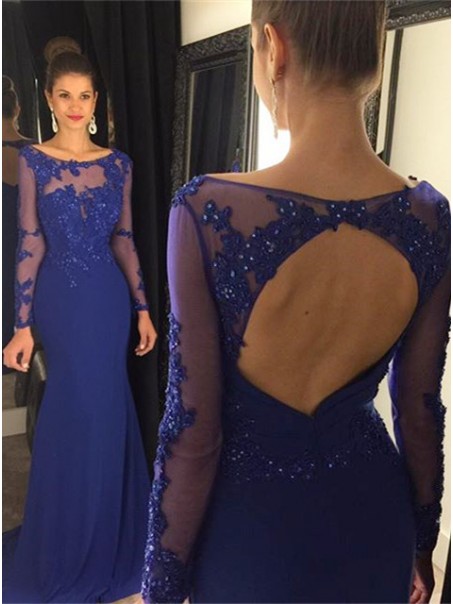 Mermaid Long Sleeves Blue Keyhole Back Lace Prom Evening Formal Dresses 99602729 Mermaid Long Sleeves Blue Keyhole Back Lace Prom Evening Formal Dresses 99602729