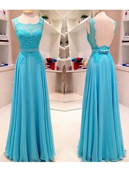Long Blue Lace Chiffon Prom Dresses Party Evening Gowns 99602750