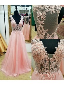 A-Line Beaded Lace V-Neck Long Pink Prom Dresses Party Evening Gowns 99602755 A-Line Beaded Lace V-Neck Long Pink Prom Dresses Party Evening Gowns 99602755