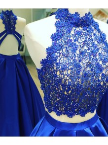 Long Blue Two Pieces Beaded Lace Prom Dresses Party Evening Gowns 99602758